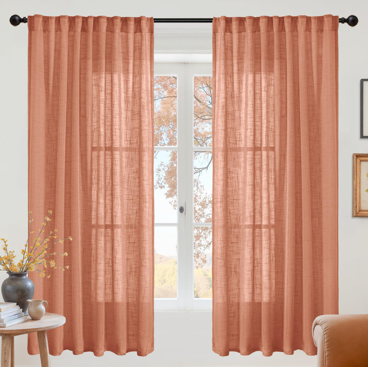 Burnt Orange Linen Curtains 68 Inches Long for Living Room (2 Count)