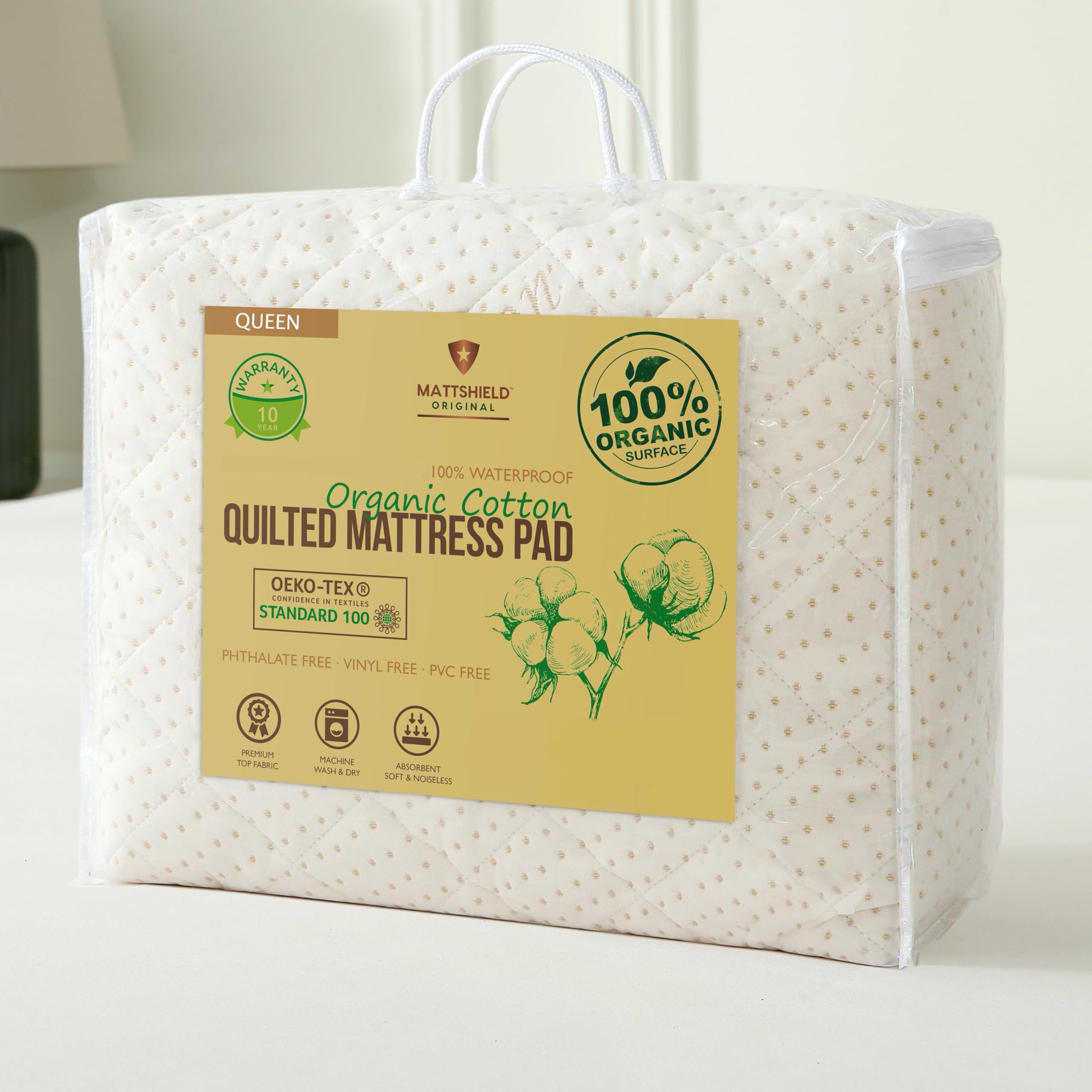 Luxury Quilted Organic Cotton Mattress Protector Queen Size