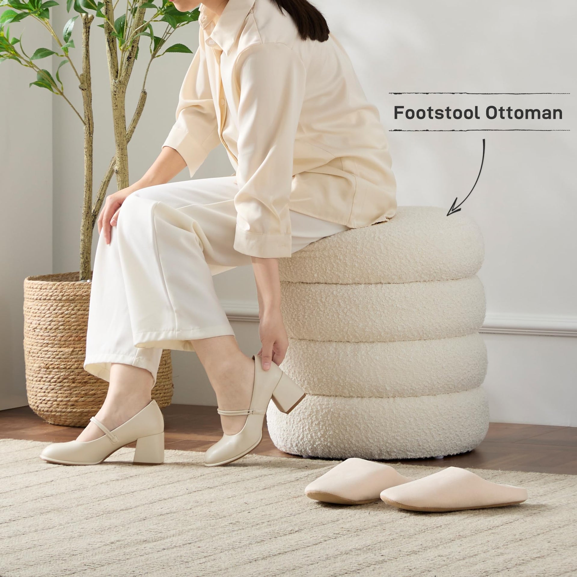 Round Ottoman with Storage Boucle Ottoman
