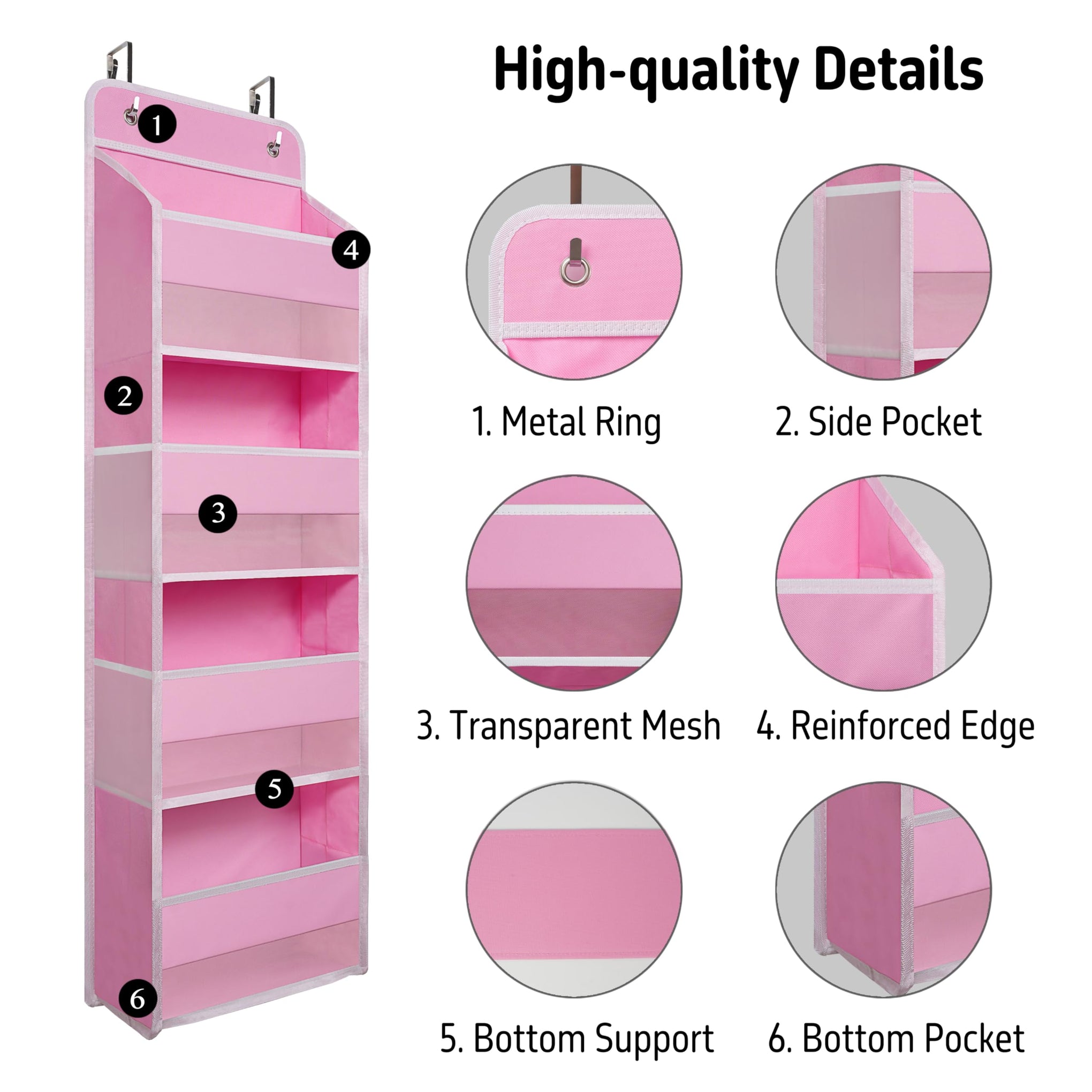 Pink Over Door Organizer with 4 Large Clear Pockets