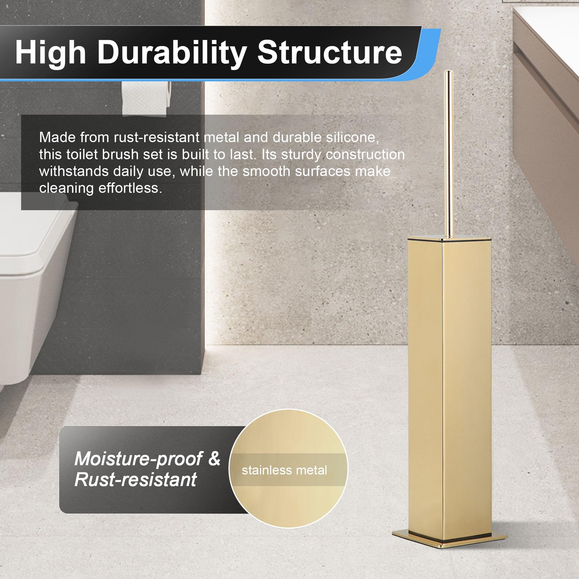 Toilet Brush and Holder Set Gold Stainless Steel 304 Square Freestanding Toilet Brush for Bathroom