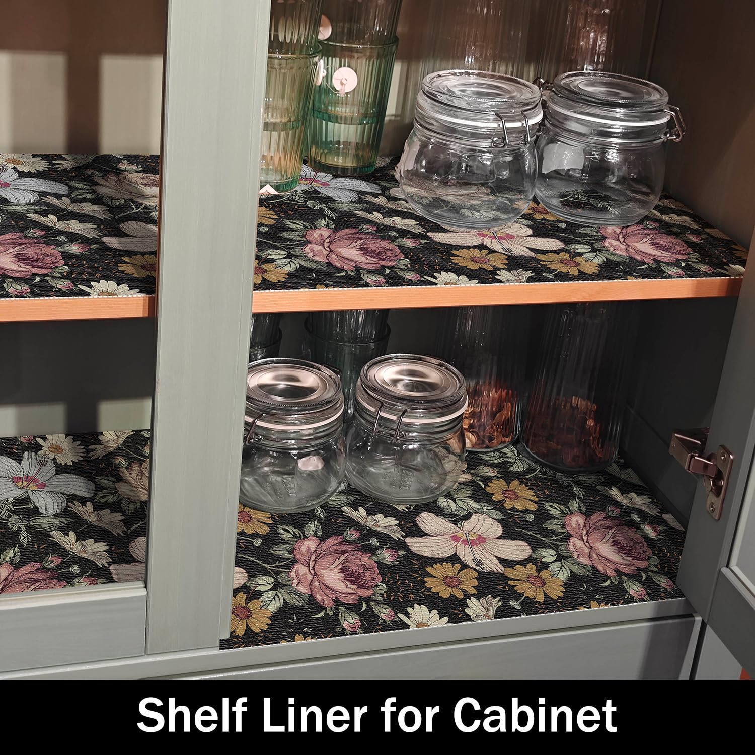 Black Retro Floral Shelf Drawer Liner for Kitchen 12IN x 20FT (19.36 Sq Ft)