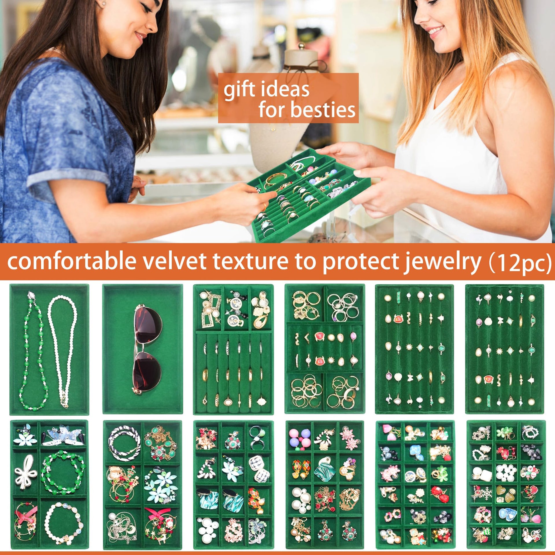 Velvet Jewelry Tray 12 Set Stackable Jewelry Organizer Trays for Drawers Rings Earrings Necklaces Bracelet Watch Display Case (12 Count)