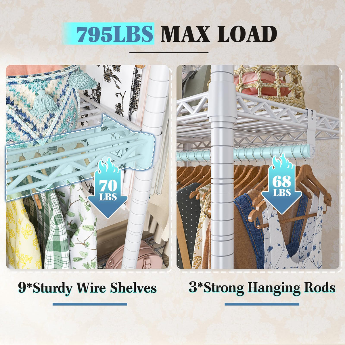 Clothes Rack Heavy Duty Load 795LBS Adjustable Clothing Racks for Hanging Clothes Garment Rack