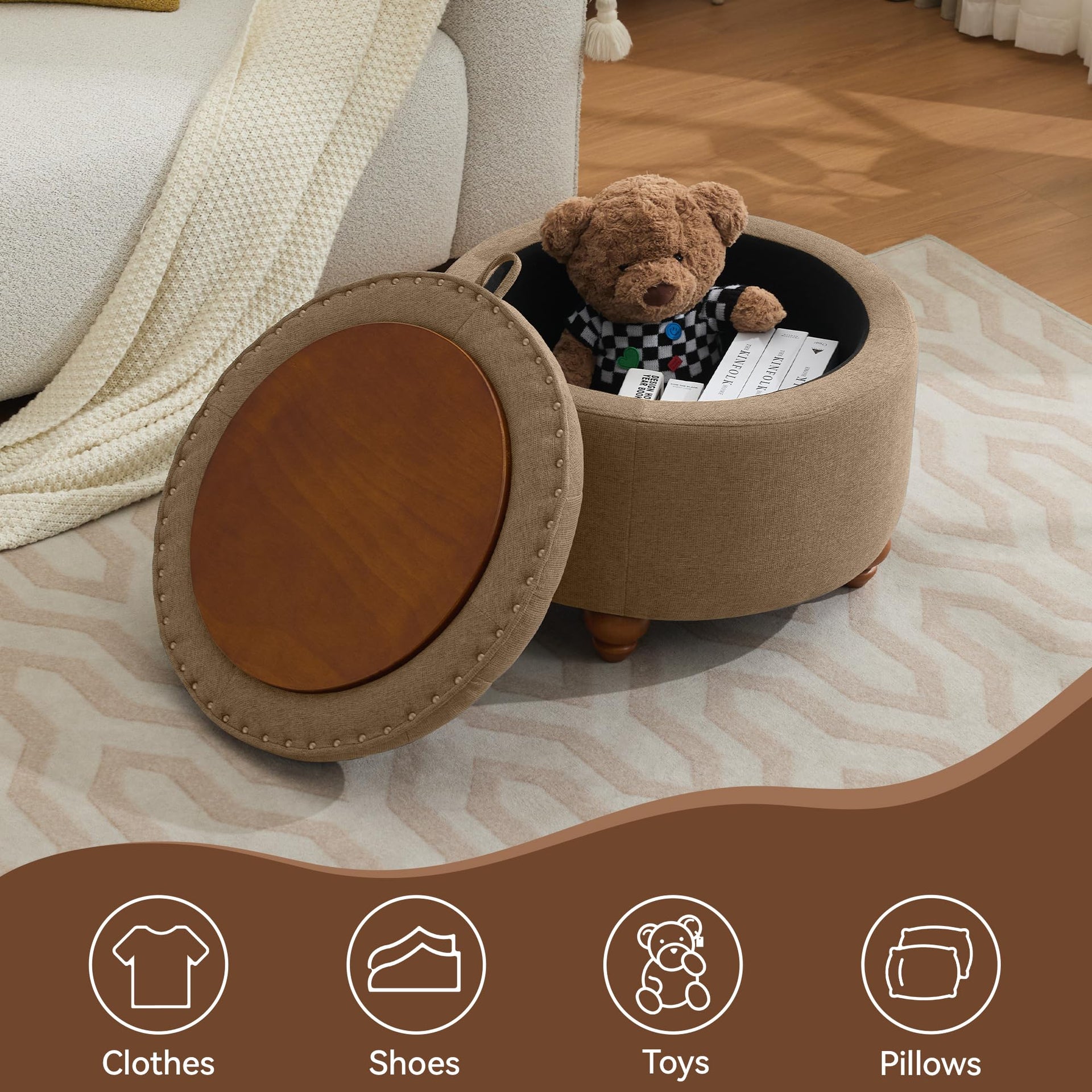 24Inch Round Storage Ottoman with Tray