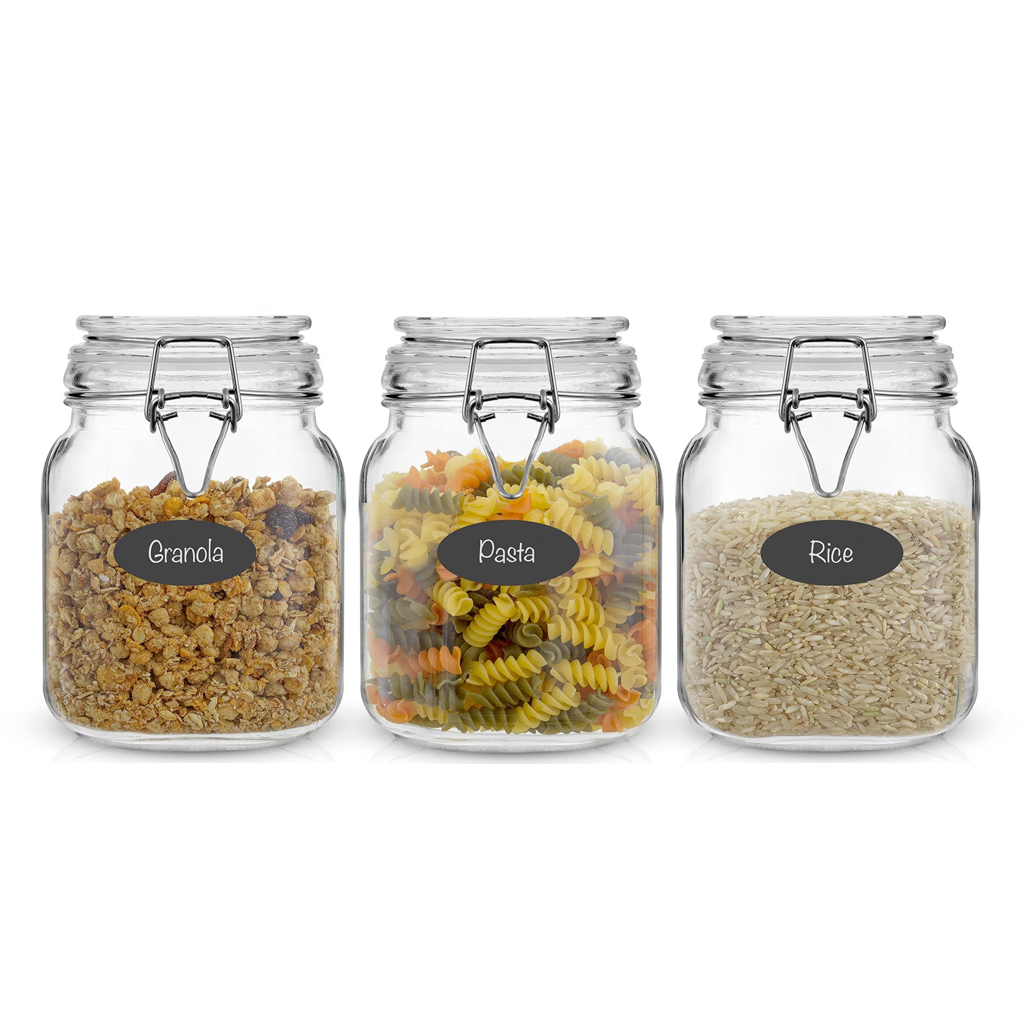 Airtight Glass Jars with Lids Set of 3. 32oz Glass Jar with Lid and 6 Silicone Seals! Med Glass Food Storage Containers. Square Mason Jar (3 Count)