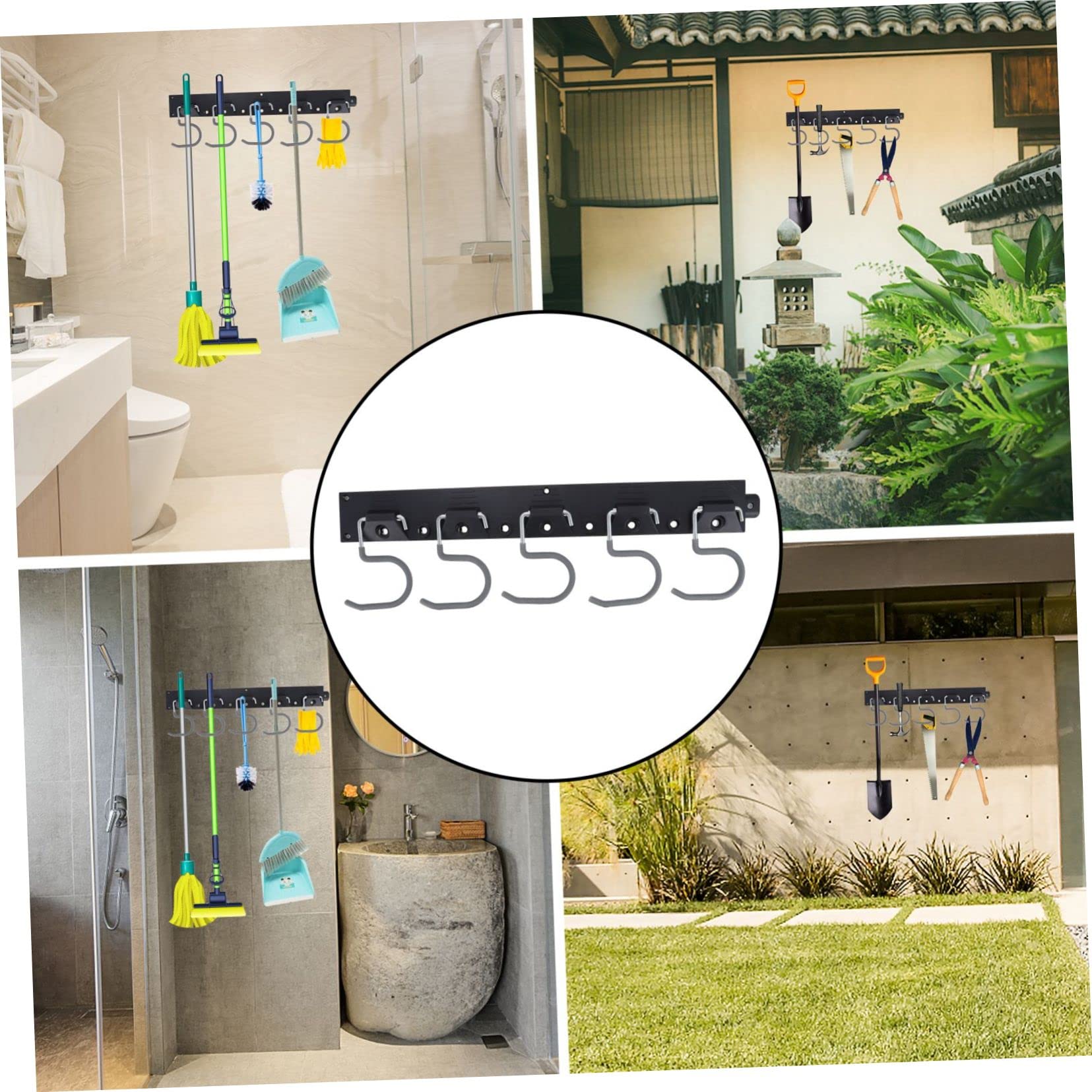 1Set Wall Mount Tool Organizer Broom Holder Garden Tool Hanger with Non Slip Coating Durable and Hooks for Garage and Garden Storage
