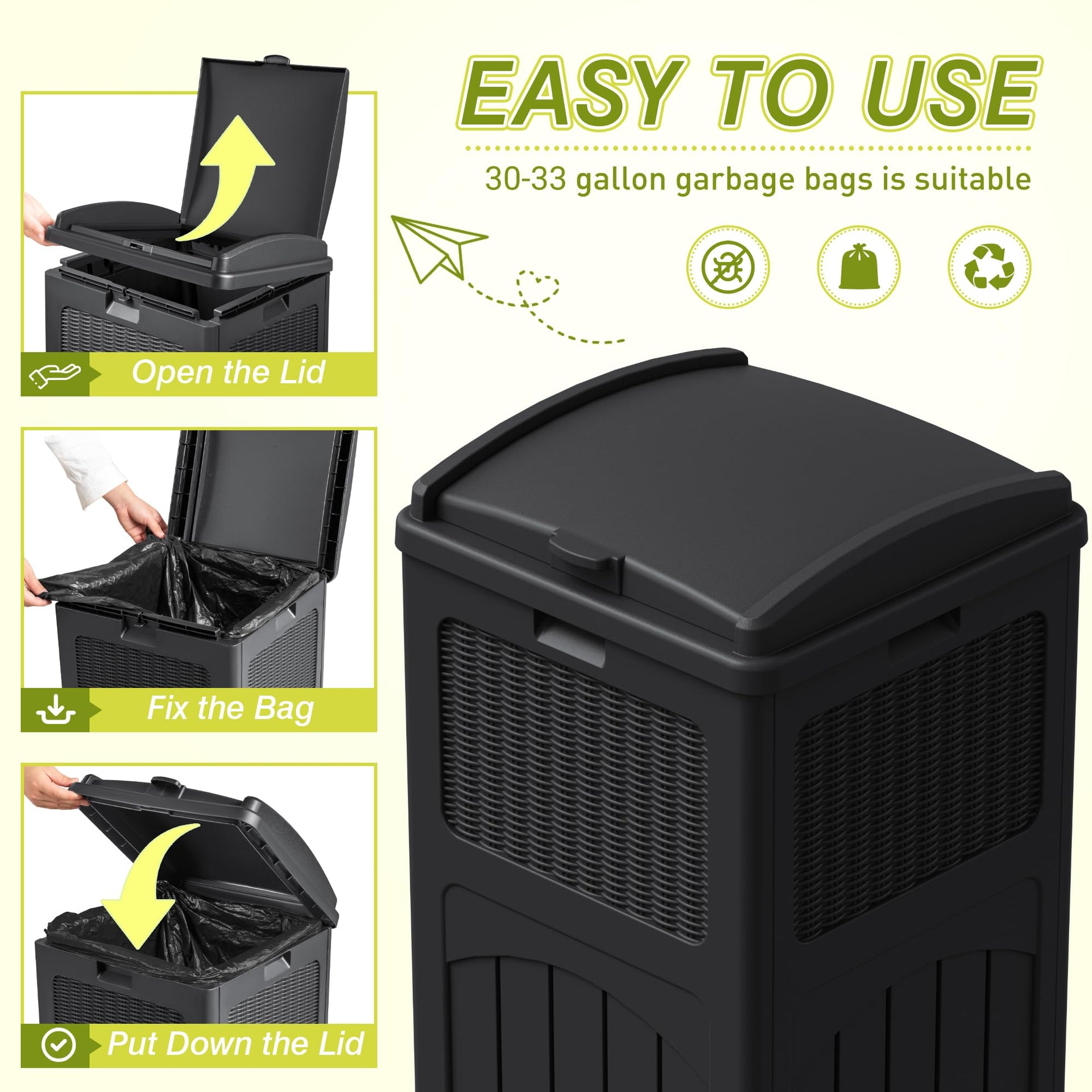 33 Gallon Outdoor Trash Can with Lid (3 Count)