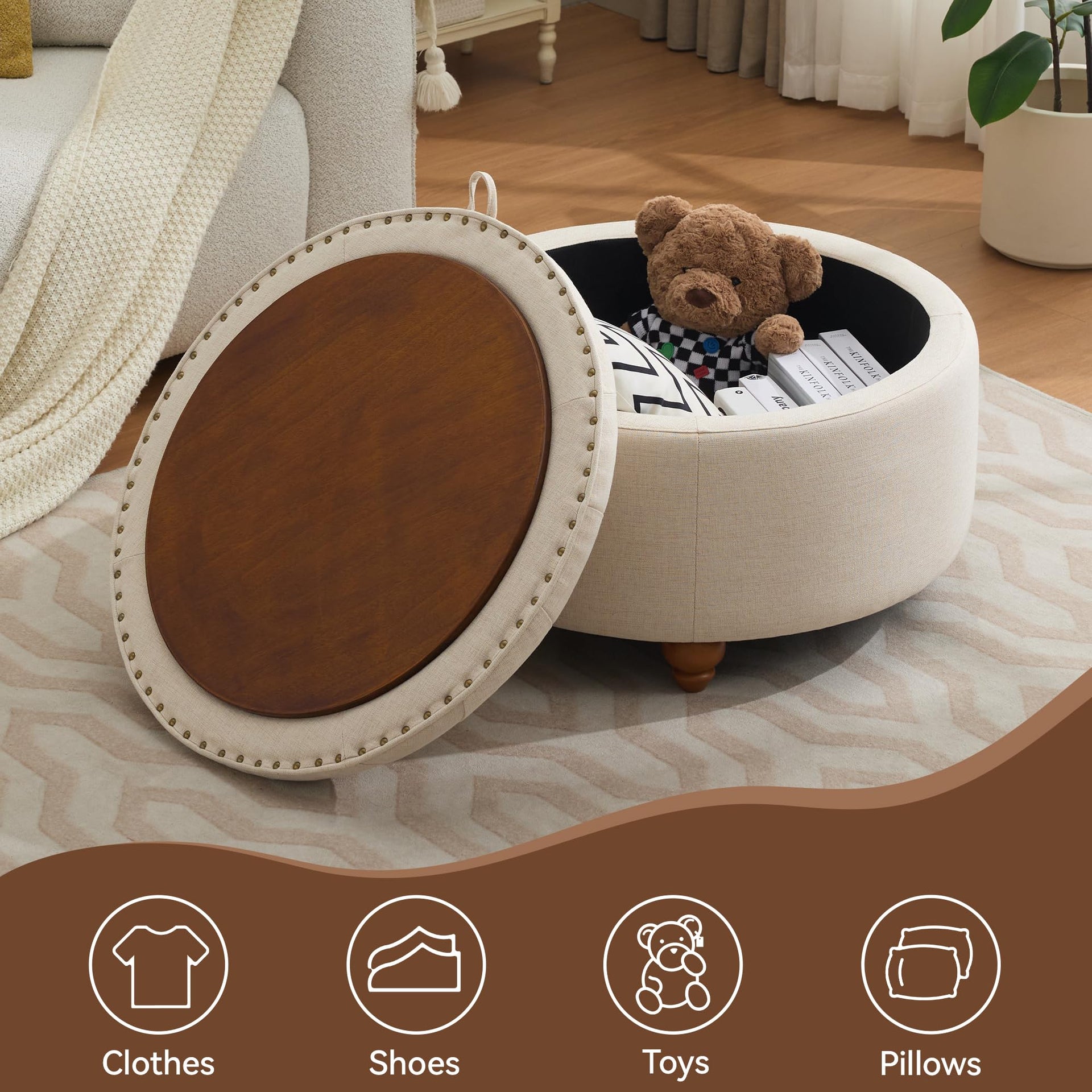 30Inch Round Storage Ottoman with Tray