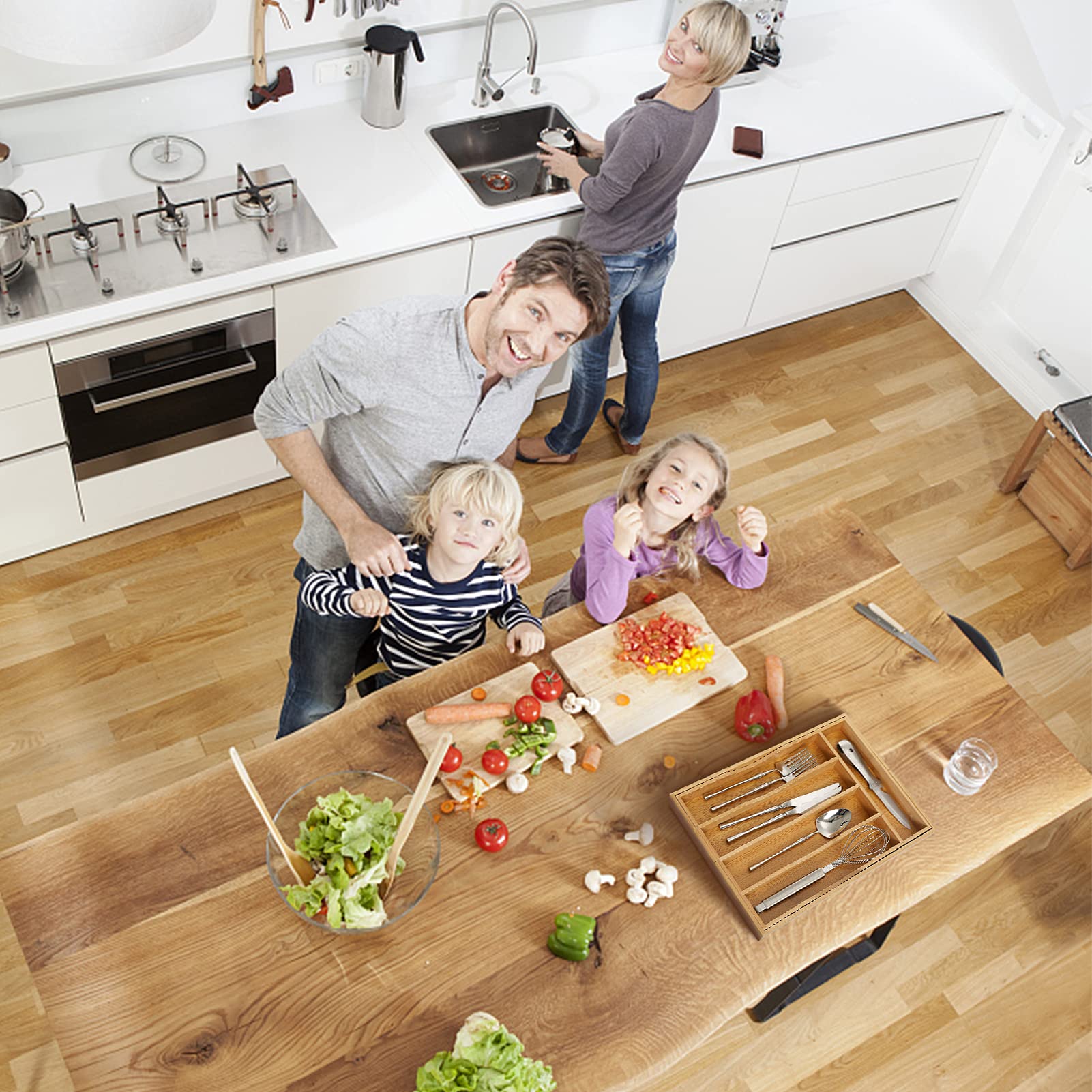 Expandable Bamboo Kitchen Drawer Organizer for Cutlery and Utensils
