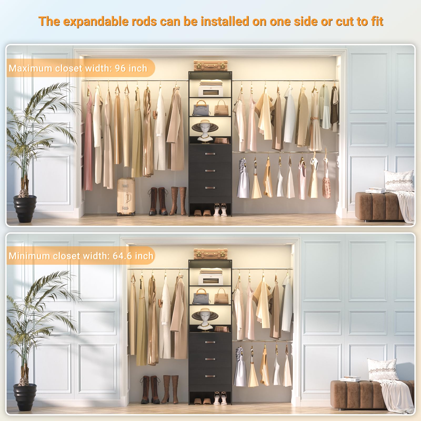 96'' Closet Organizer System with 3 Hanging Rods