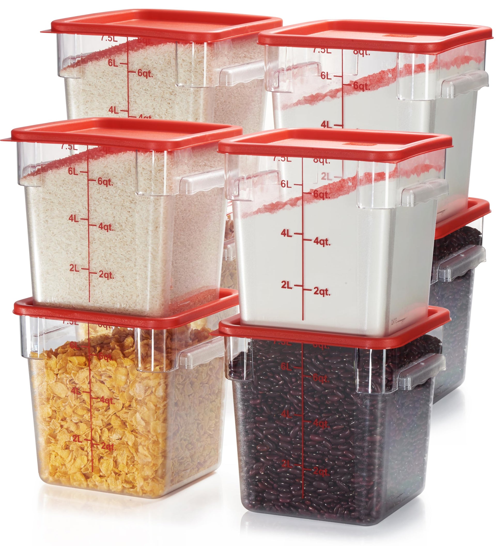 8 Pack 8 Qt NSF Clear Polycarbonate Food Storage Containers with Red Lids (8 Count)