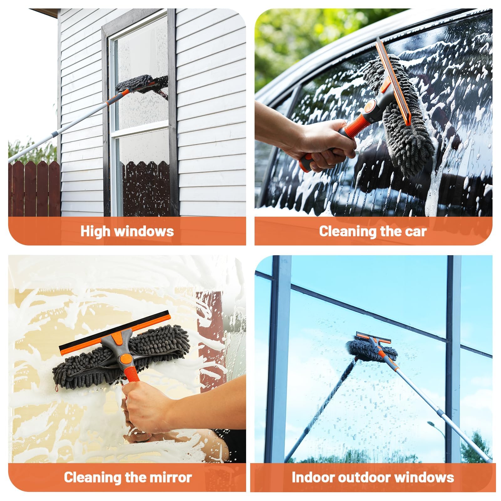 2-in-1 Window Cleaner Tool, 64'' Window Squeegee for Home, Window Cleaning Squeegee Kit with Telescopic Pole, Window Washing Kit with Rotatable Bendable Head(Threaded + Telescopic) - EAW01