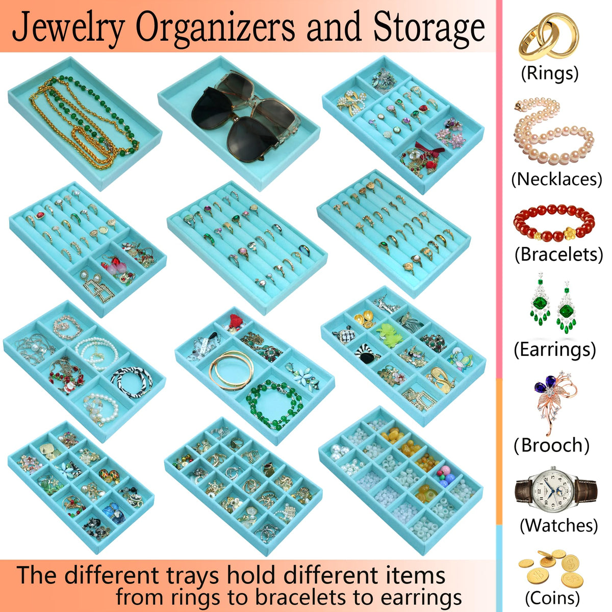 12 Pcs Jewelry Organizer Tray Stackable Velvet Jewelry Tray Earrings Display Case Necklace Earring Box Storage Drawer Bracelet Rings Accessories Trays (12 Count)