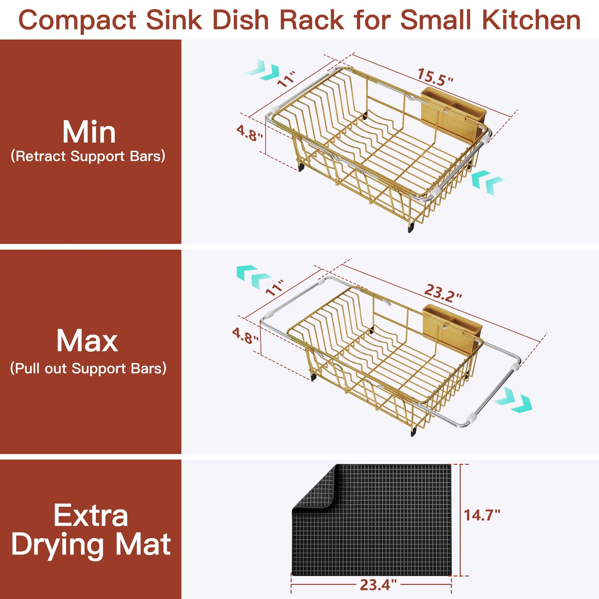 Gold Dish Drying Rack in Sink with Mat