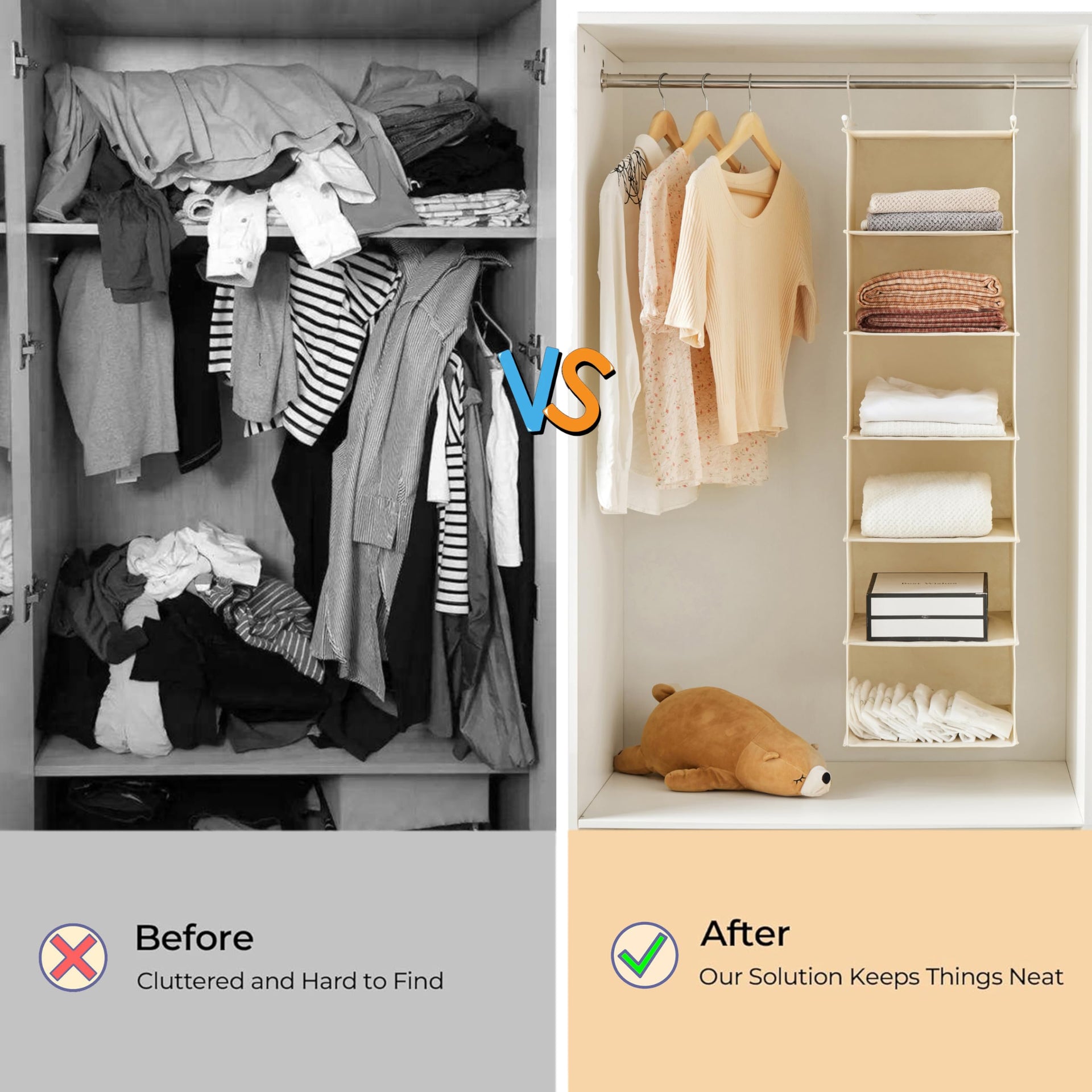 2 Pack 6 Tier Foldable Hanging Closet Organizer