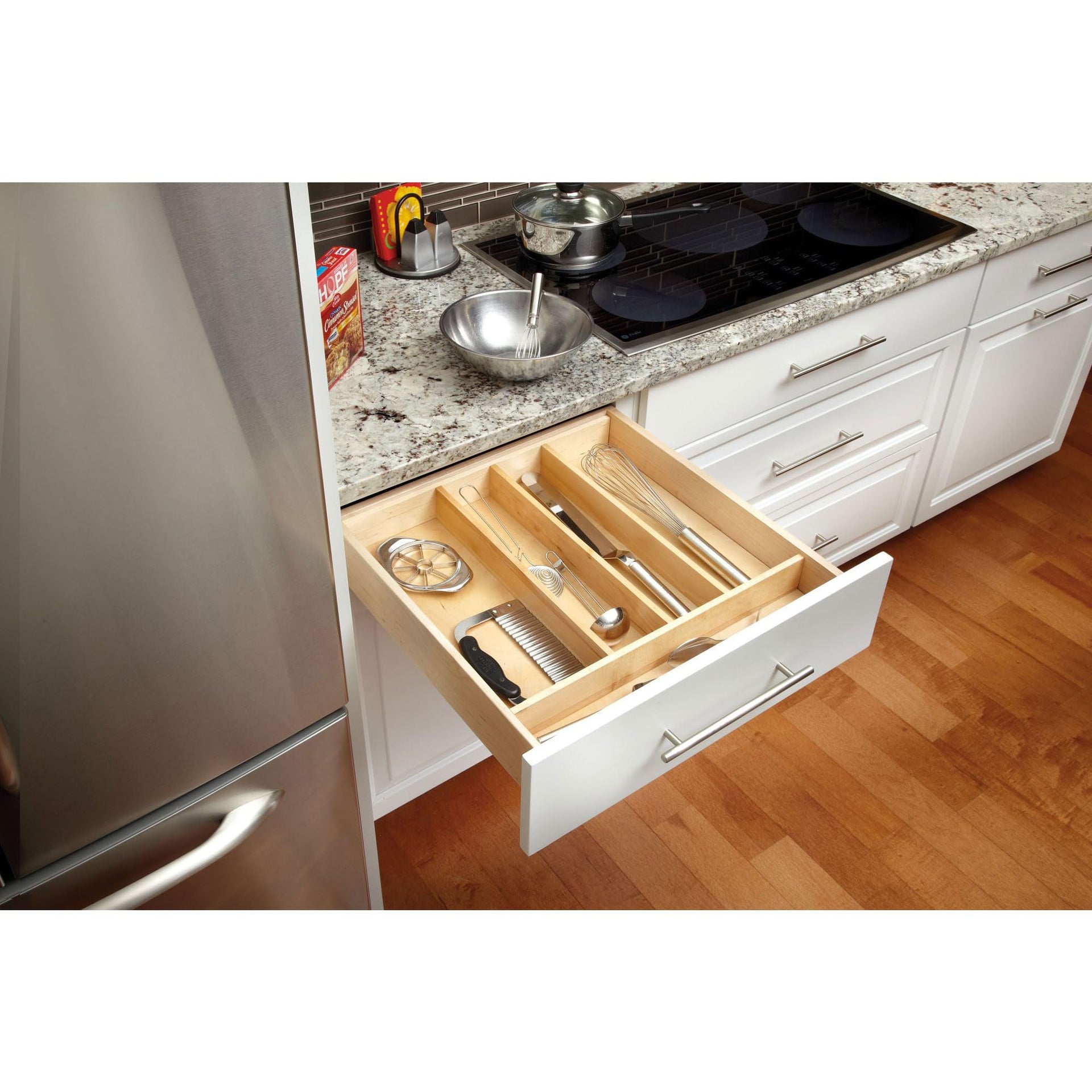 Trim-to-Custom-Fit Silverware Drawer Organizer For Kitchen Utensils, Cutlery Cabinet Storage Divider Insert, 23.98 x 21.97 In, Maple Wood, 4WUT-3