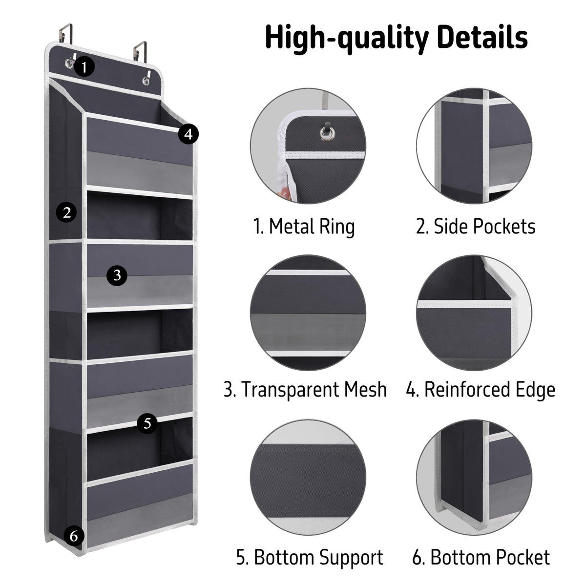 Gray Over Door Organizer with 4 Large Clear Pockets