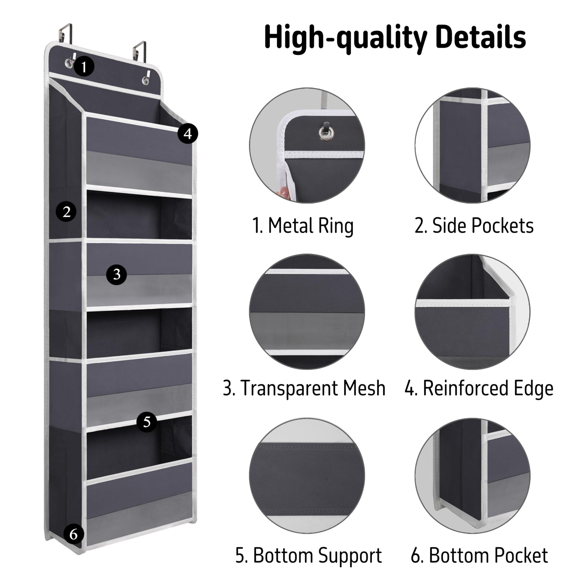 Gray Over Door Organizer with 4 Large Clear Pockets