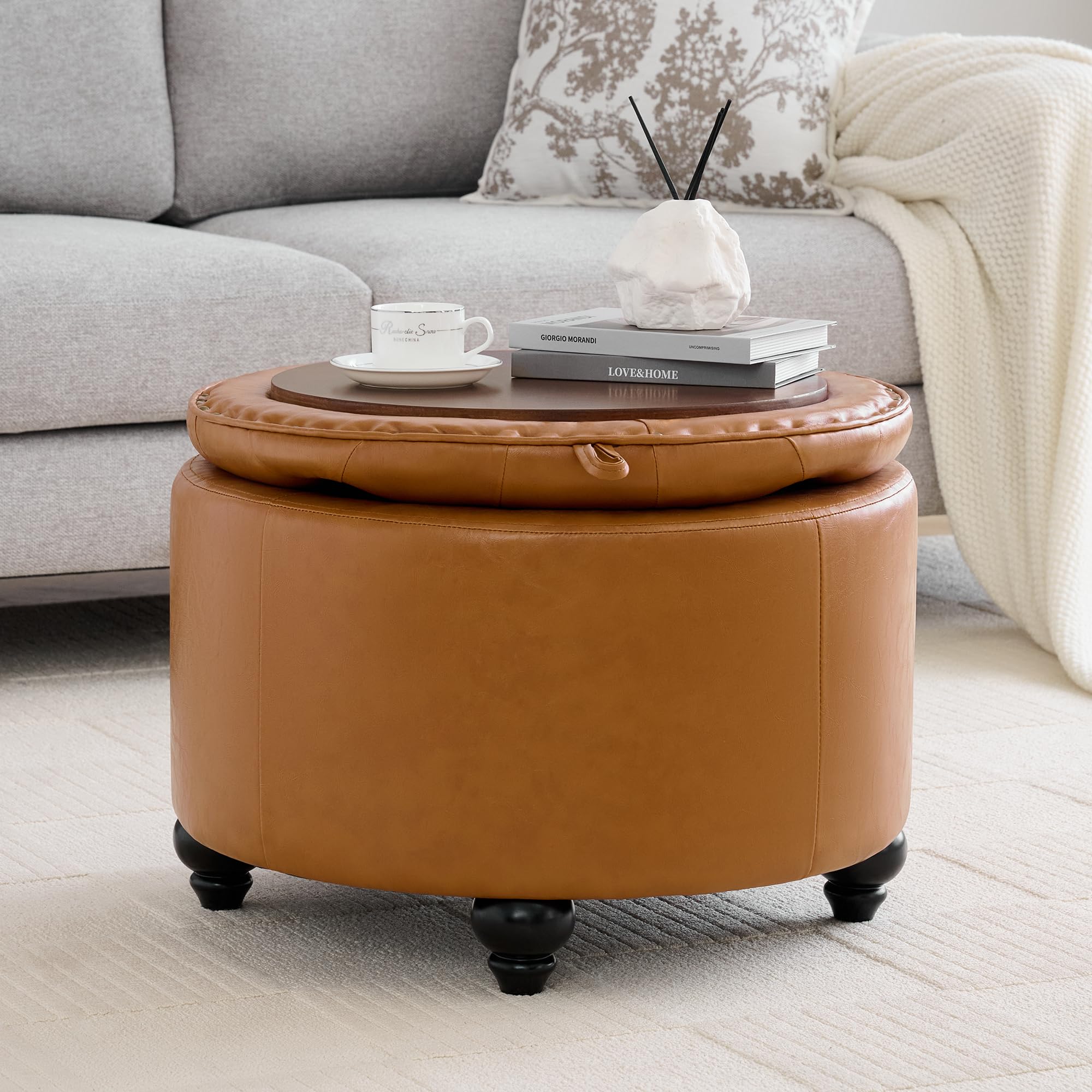 24Inch Round Storage Ottoman with Tray