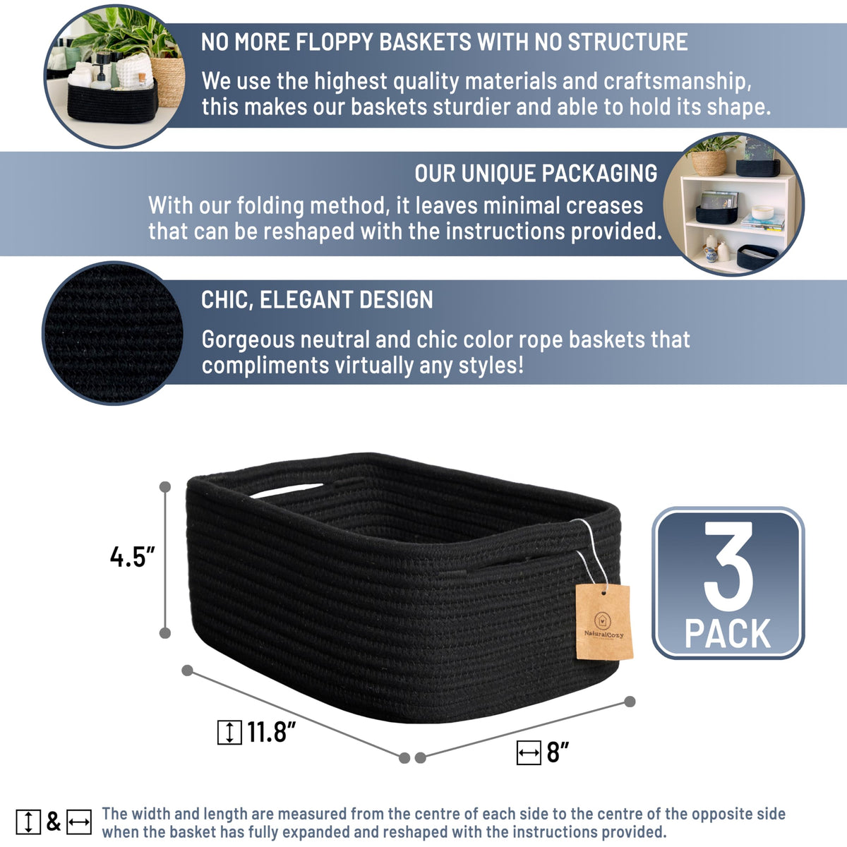 11.8"x8"x4.5” Rectangle Storage Baskets for Shelves 3 Pack (3 Count)