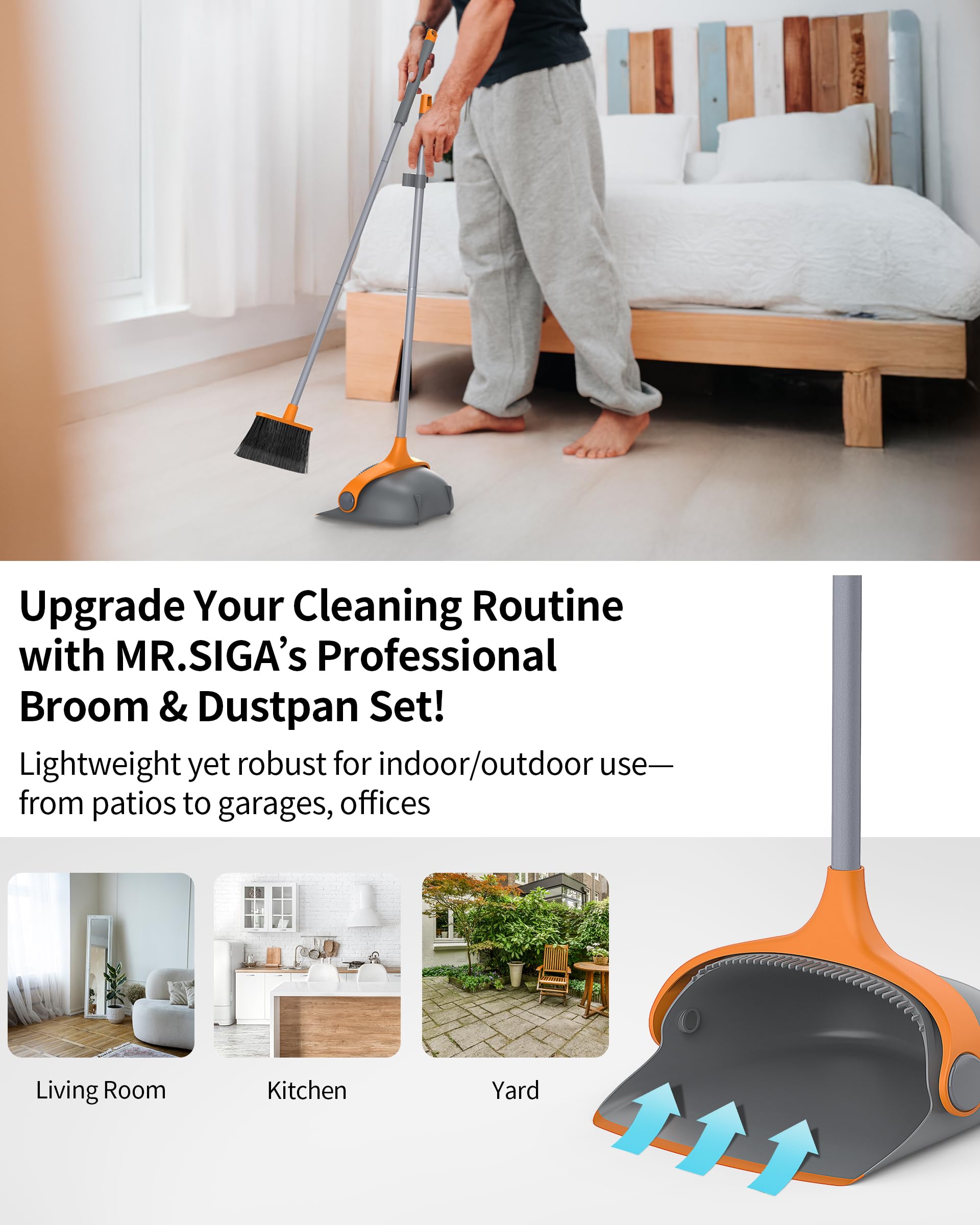 Broom and Dustpan Set with Adjustable Long Handle
