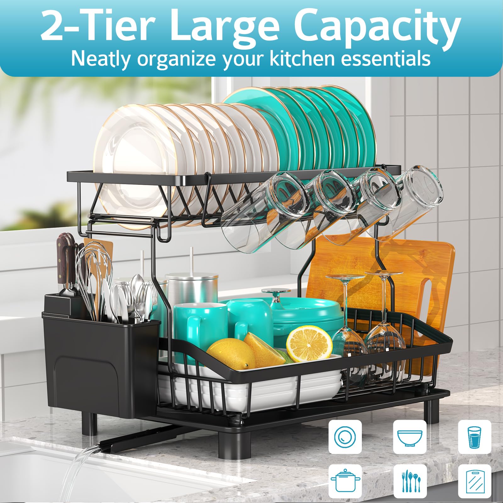 2 Tier Dish Drying Rack for Kitchen Counter