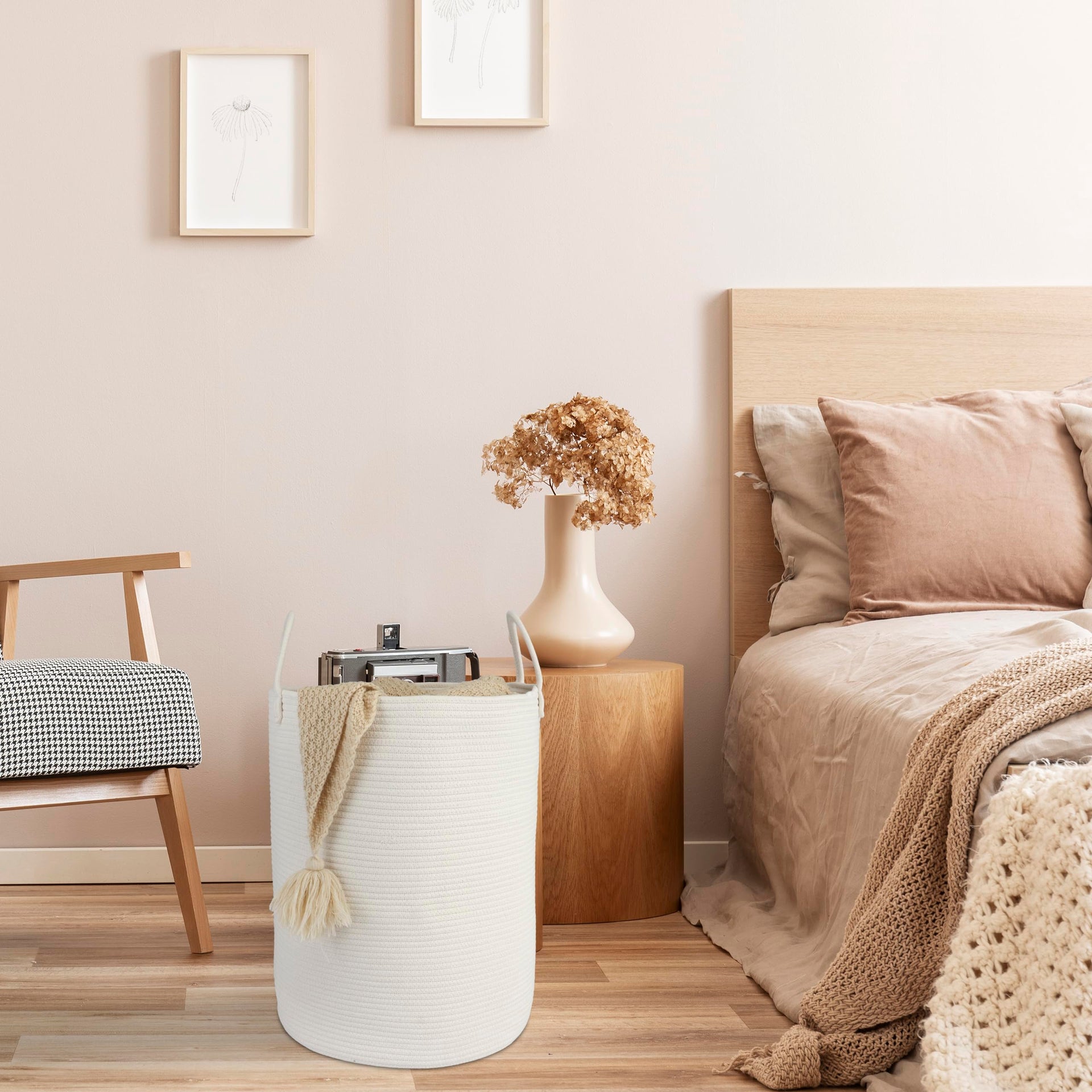 White Cotton Rope Laundry Basket Hamper for Clothes Large