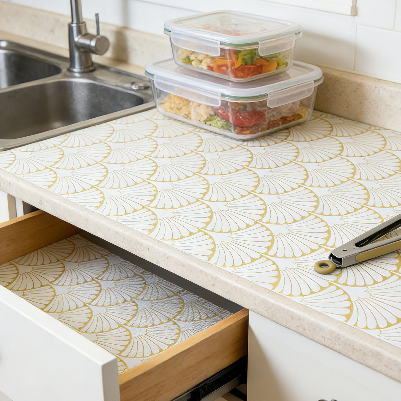 Shelf Liners Non Adhesive Gold Background White Fan (4107.64 sq in)