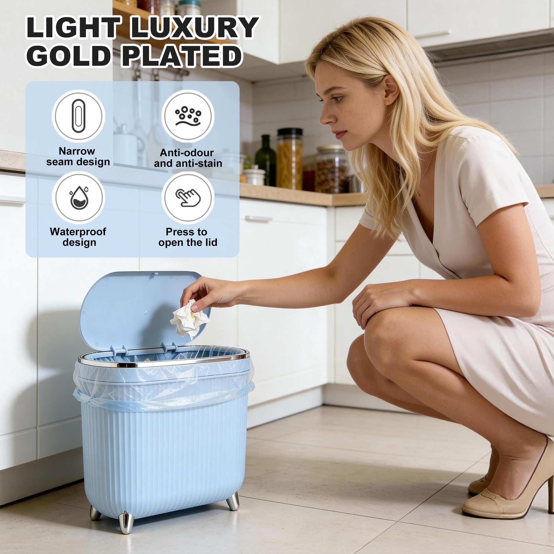 Bathroom Trash Can with Lid 3.1 Gallon Narrow Trash Can Small Plastic Trash Bin 12 Liter Rectangular Plastic Garbage Can with Press Type Lid for Bedroom Bathroom