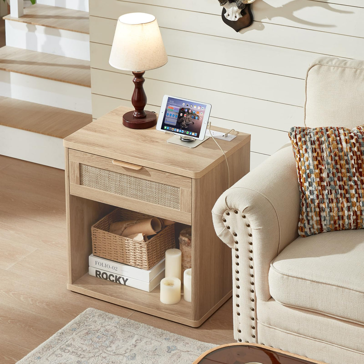 Rattan Nightstand with Charging Station