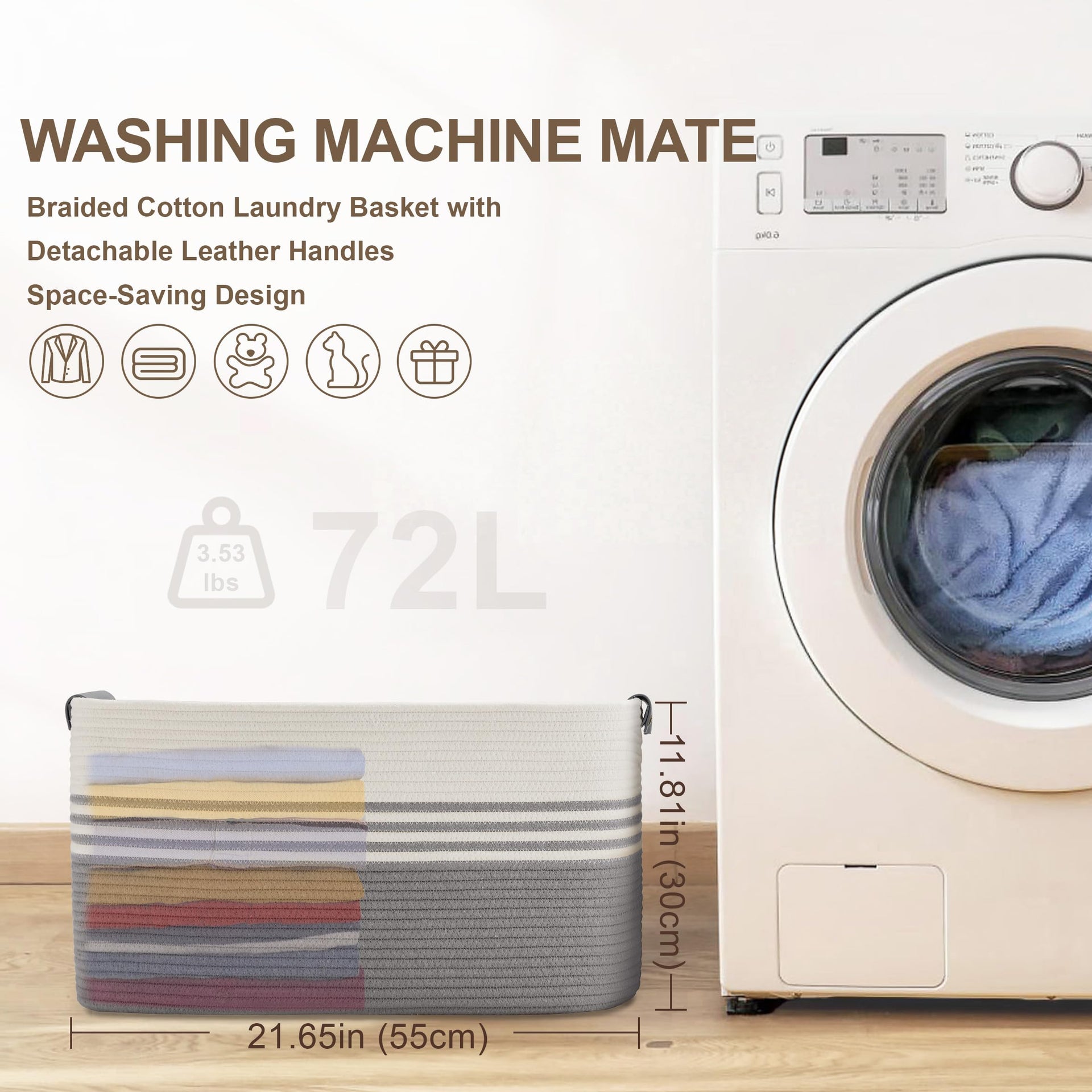 72L Large Woven Laundry Basket Hamper with Leather Handles - ModHome Supplies