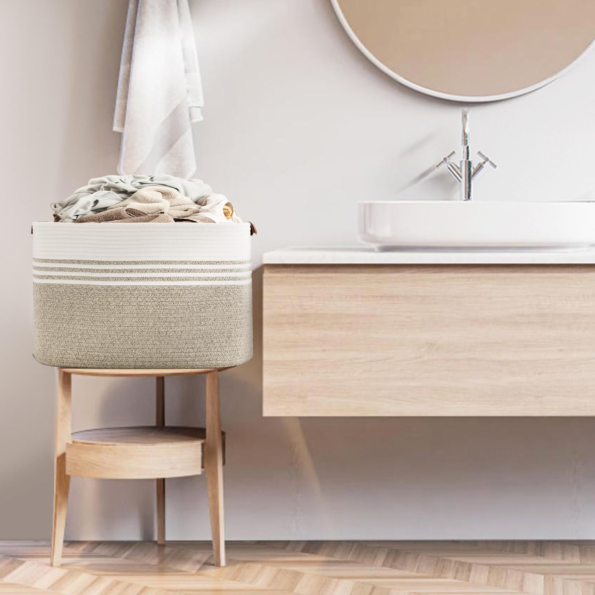 86L Large Woven Laundry Basket Hamper with Leather Handles - ModHome Supplies