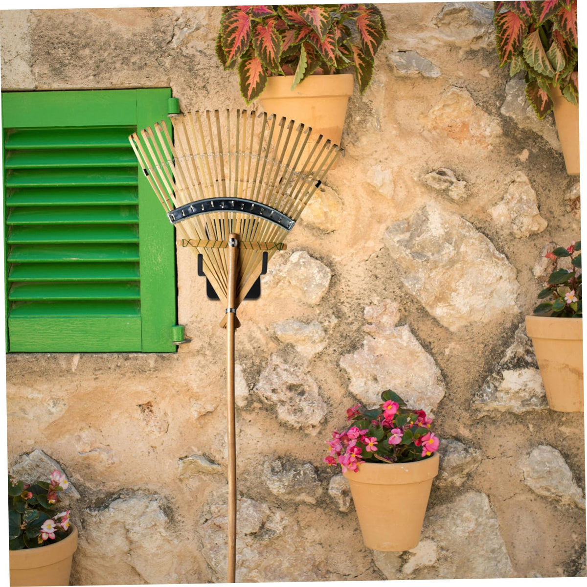 Wall Mounted Tool Holder Rack for Garden Equipment Sturdy Wall Storage Organizer for Brooms Rakes Hoses and Shovels for Garage Garden and Tool Room Use