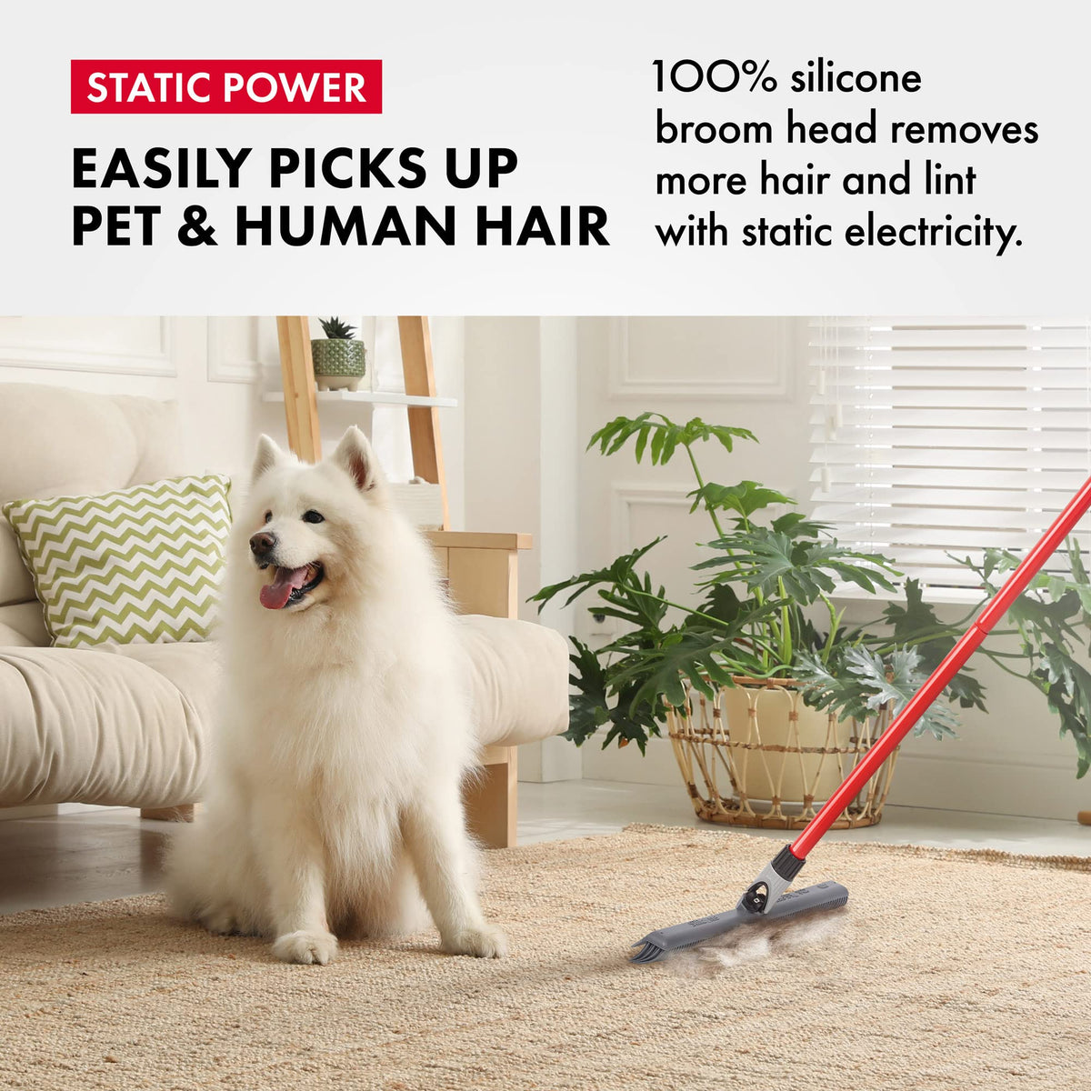 2-in-1 Silicone Rubber Broom Carpet Rake and Squeegee - Swivel Pet Hair Removal Broom - 4 Piece Handle - Slanted Side Bristles for Corners - Multipurpose Rubber Broom for Carpet, Hardwood Floor, Tile
