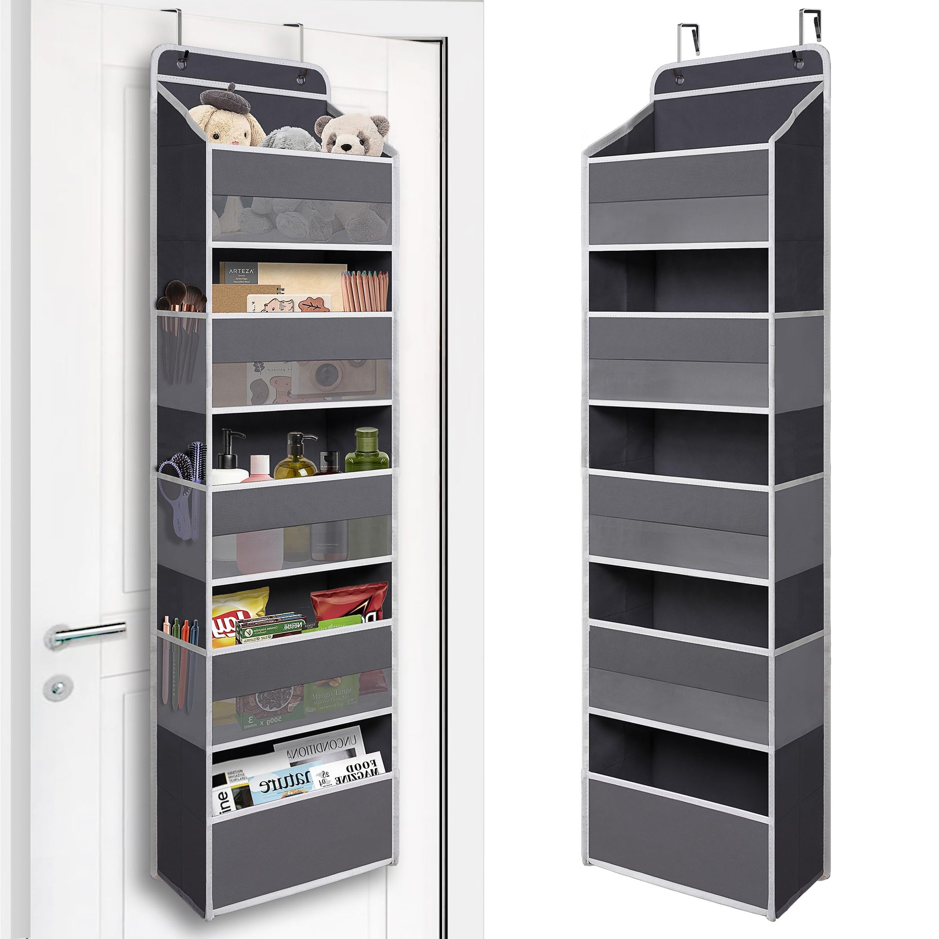 Gray Over Door Organizer with 5 Large Clear Pockets and 6 Side Mesh Pockets