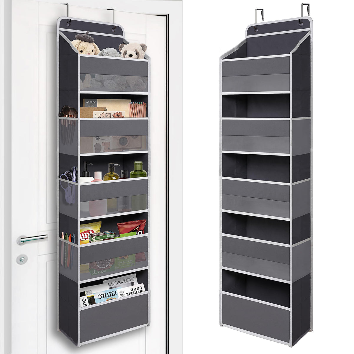 Gray Over Door Organizer with 5 Large Clear Pockets and 6 Side Mesh Pockets