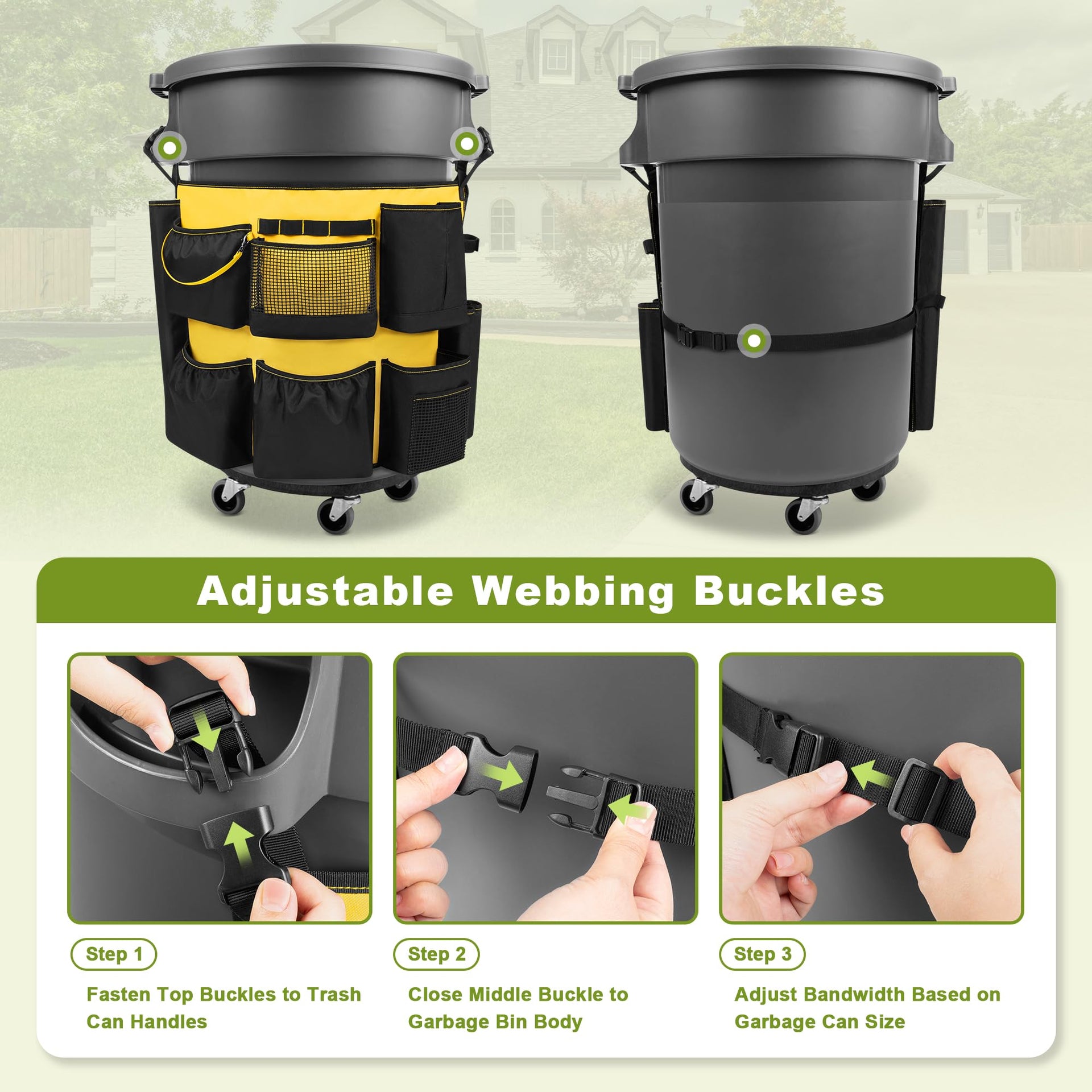 32 55 Gallon Trash Can Caddy Bag with Multi Pockets for Clean Tools