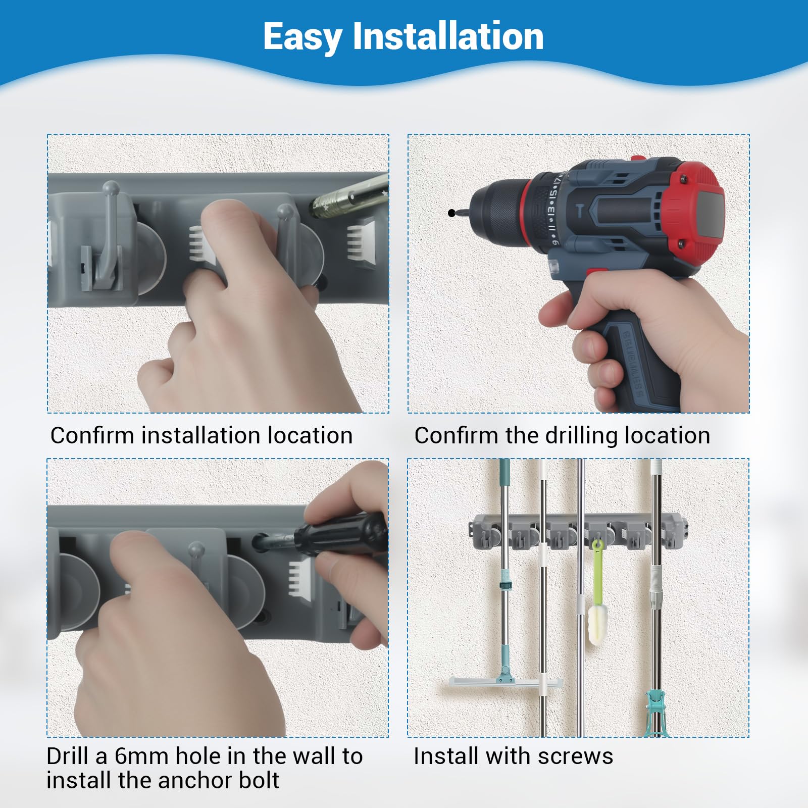 2 Pack 16 in Broom Mop Holder Garage Storage Organizer with 5 Racks 6 Hooks Adjustable Wall Mounted Storage Tool for Lanudry Garage Kitchen Garden (2 Count)