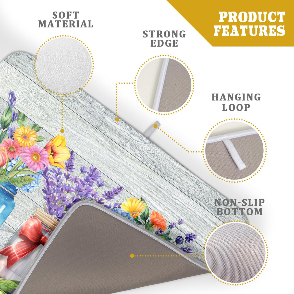 Spring Summer Flowers Dish Drying Mat for Kitchen Counter 16"x18" Spring Floral Jars Drying Mat Soft Absorbent Microfiber Farmhouse Colorful Floral Dish Drainer Rack Mats for Counter tops