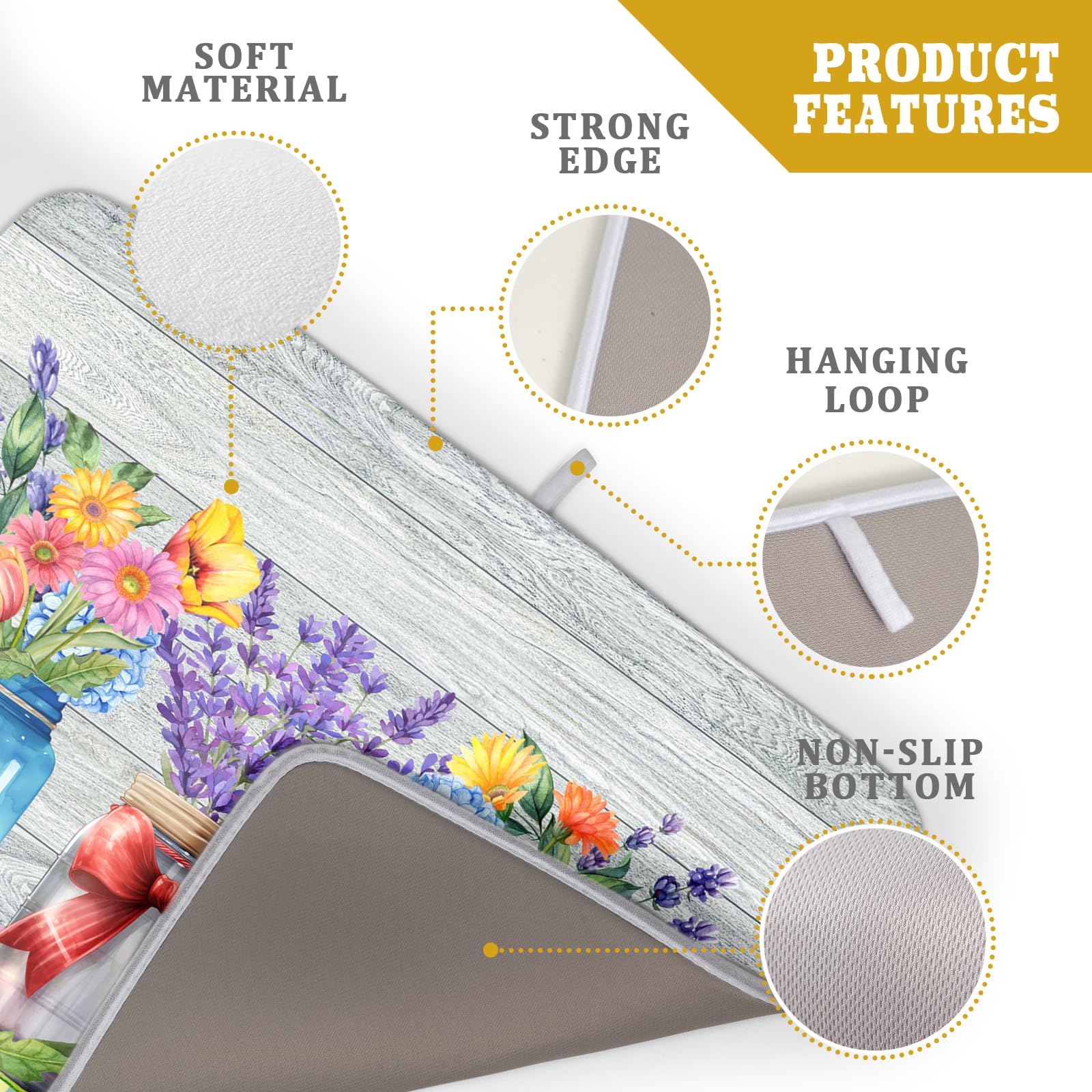 Spring Summer Flowers Dish Drying Mat for Kitchen Counter 18"x24" Spring Floral Jars Drying Mat Soft Absorbent Microfiber Farmhouse Colorful Floral Dish Drainer Rack Mats for Counter tops