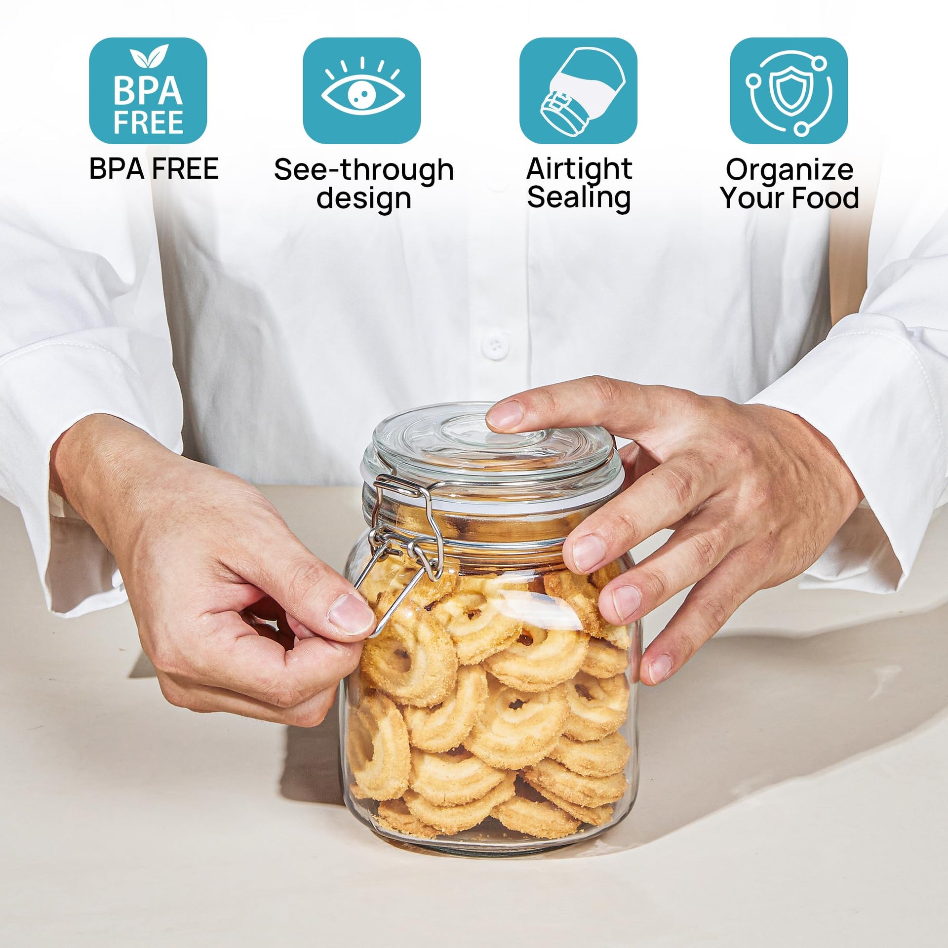 34oz Glass Food Storage Jars with Airtight Clamp Lids (3 Count)