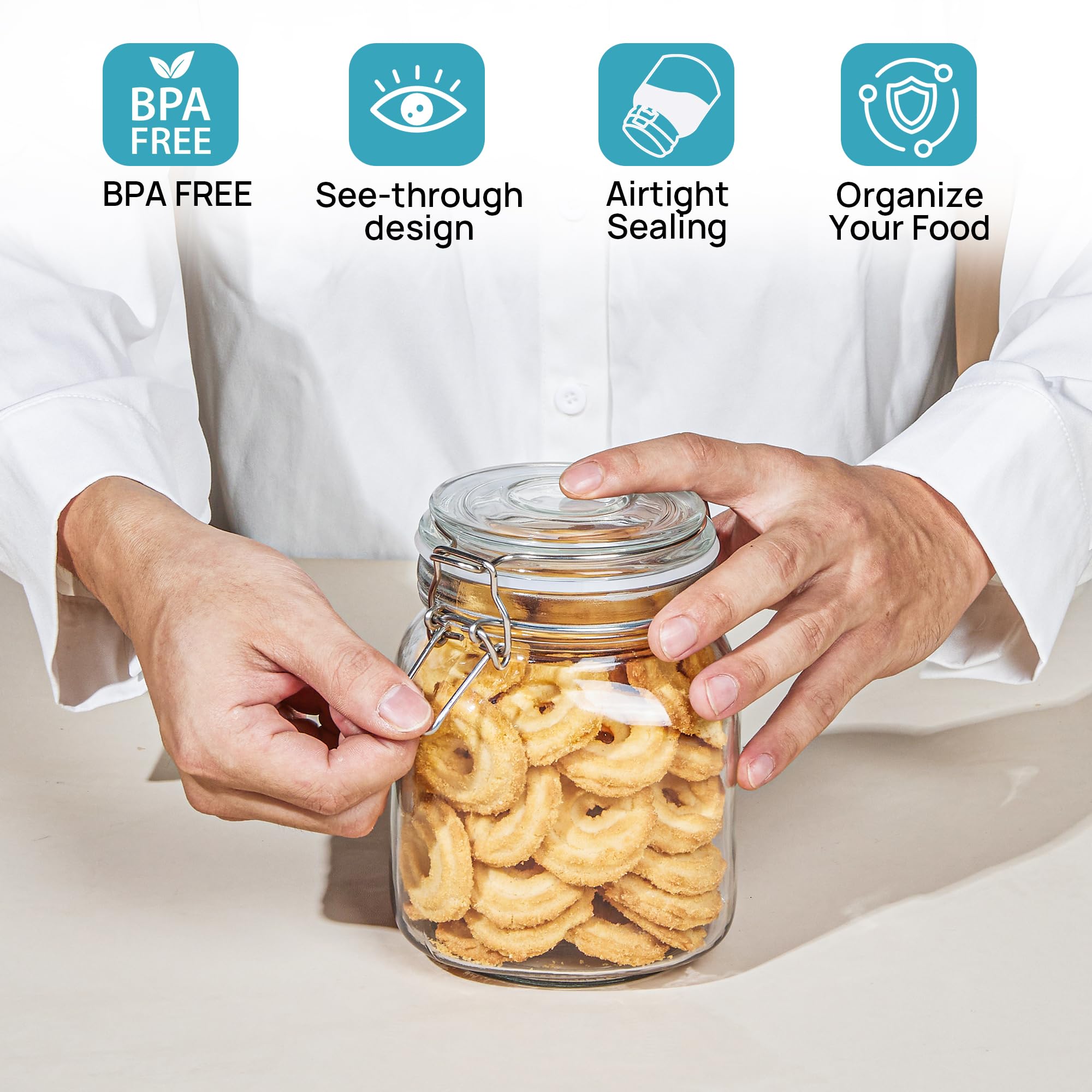 34oz Glass Food Storage Jars with Airtight Clamp Lids (3 Count)