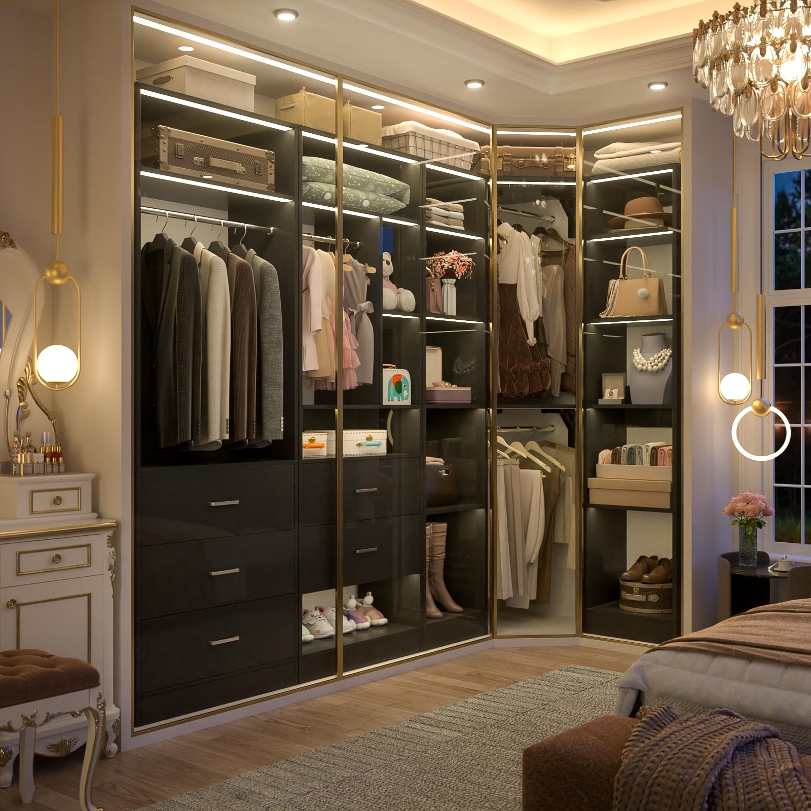 Corner Closet System with 5 Drawers