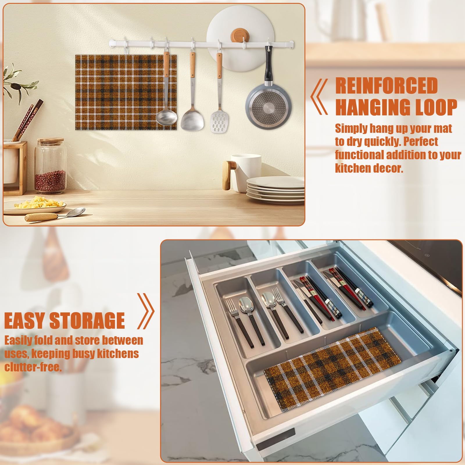 Brown Plaid Dish Drying Mat for Kitchen Counter Microfiber Absorbent Dish Kitchen Drying Mat Draining Reusable Washable for Dishes