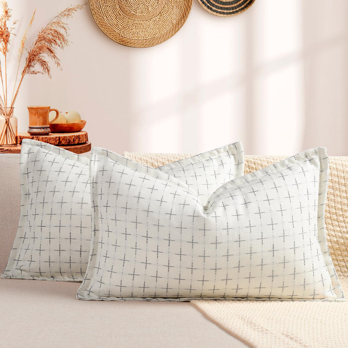 12x20 Pillow Covers Set of 2 Soft Polyester Textured Pillow Covers with Stylish Flange Edge Cozy Farmhouse Throw Pillows for Couch Bed Sofa Living Room (2 Count)