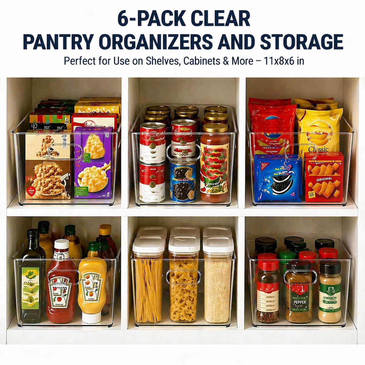 6 Pack Clear Organizer Bins 11x8x6in Pantry Organizers and Storage