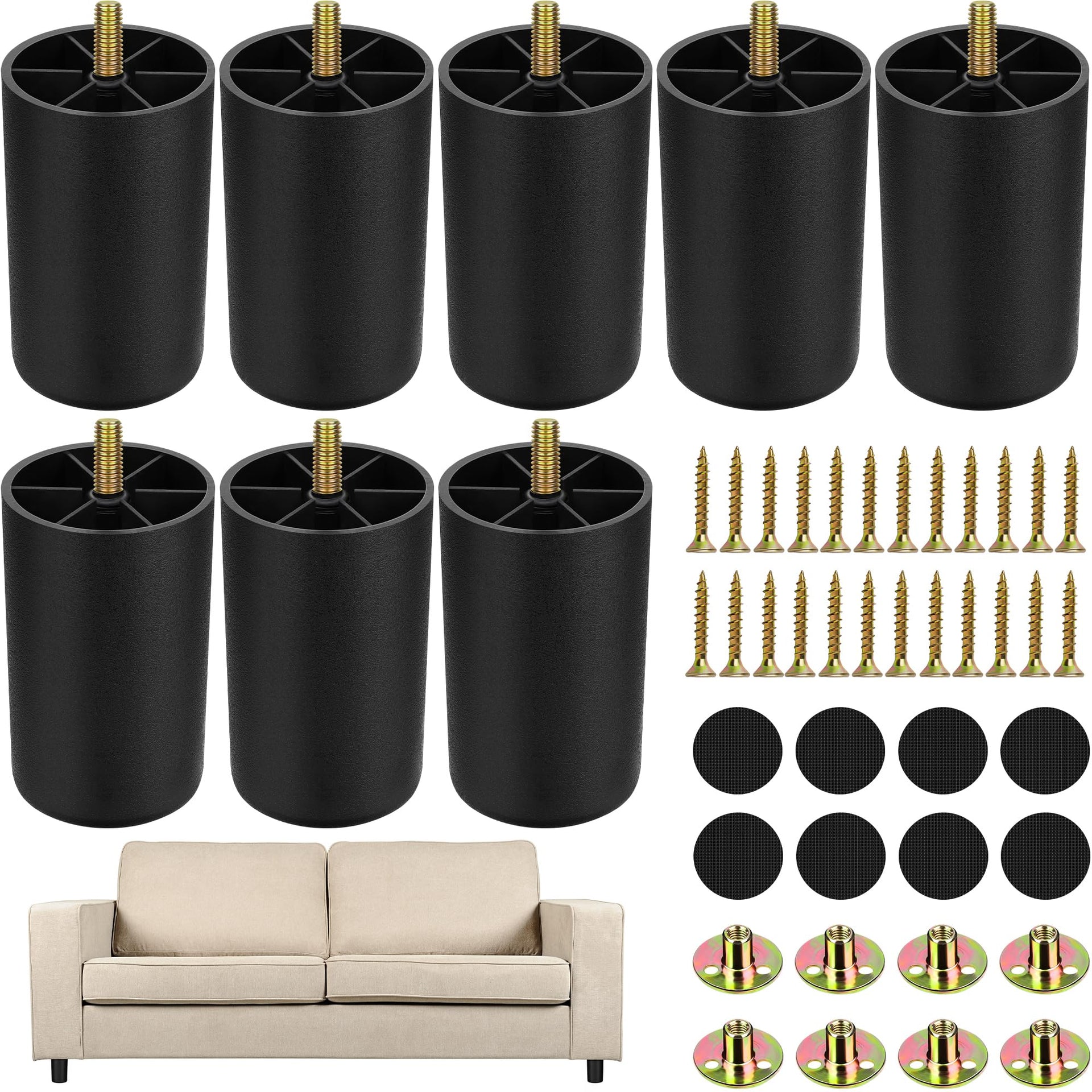 8 Pack 3 Inch Plastic Furniture Legs with M8 T (8 Count)