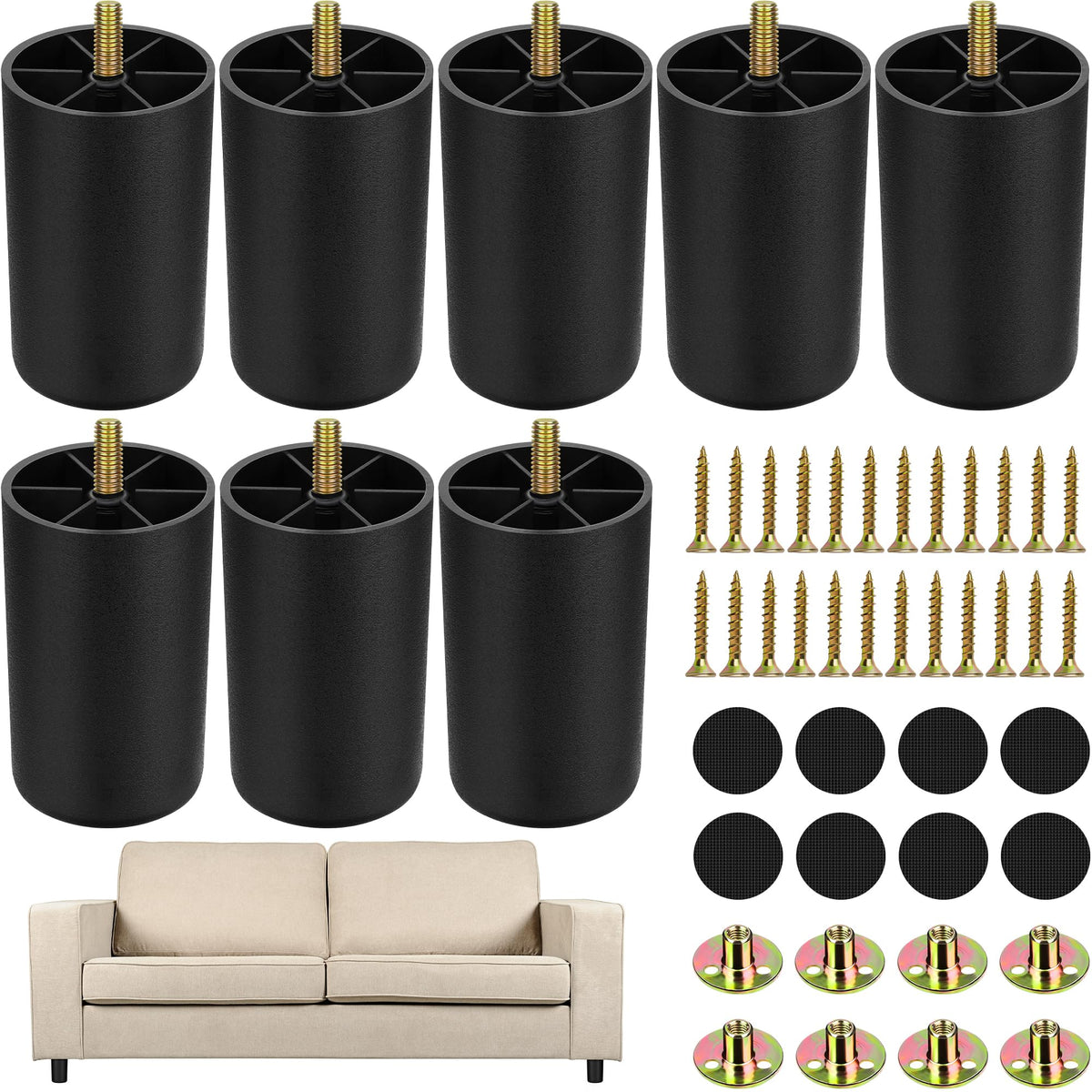 8 Pack 3 Inch Plastic Furniture Legs with M8 T (8 Count)