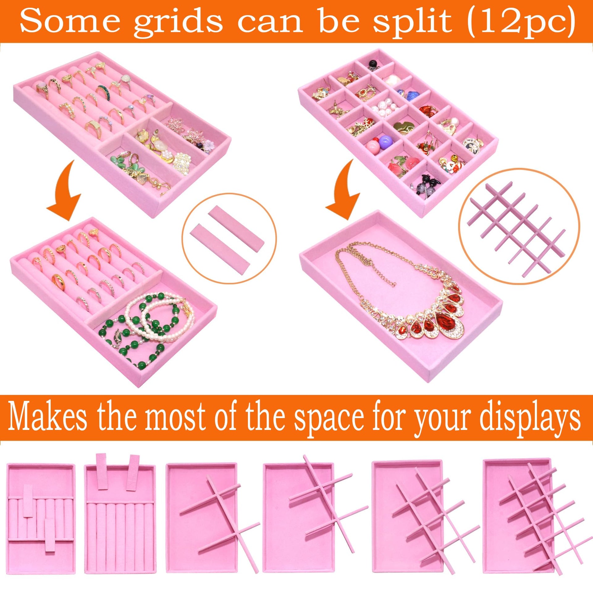 12 Set Jewelry Tray Stackable Velvet Jewelry Organizer Trays for Drawers Inserts Earrings Necklace Rings Jewelry for Women (12 Count)